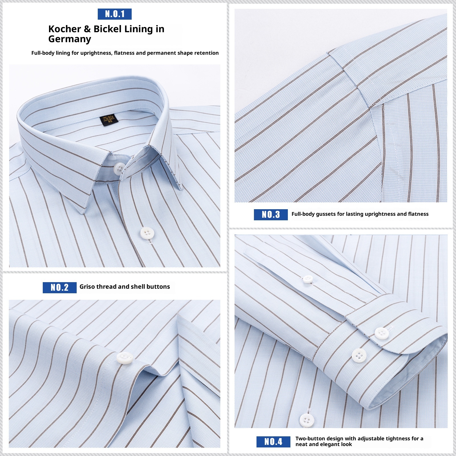 ForMen DP Bügelfreies, leichtes und hochwertiges Business-Casual-Hemd aus Maulbeerseide mit blauen Streifen, 200 Fäden pro Zoll._voghion.com