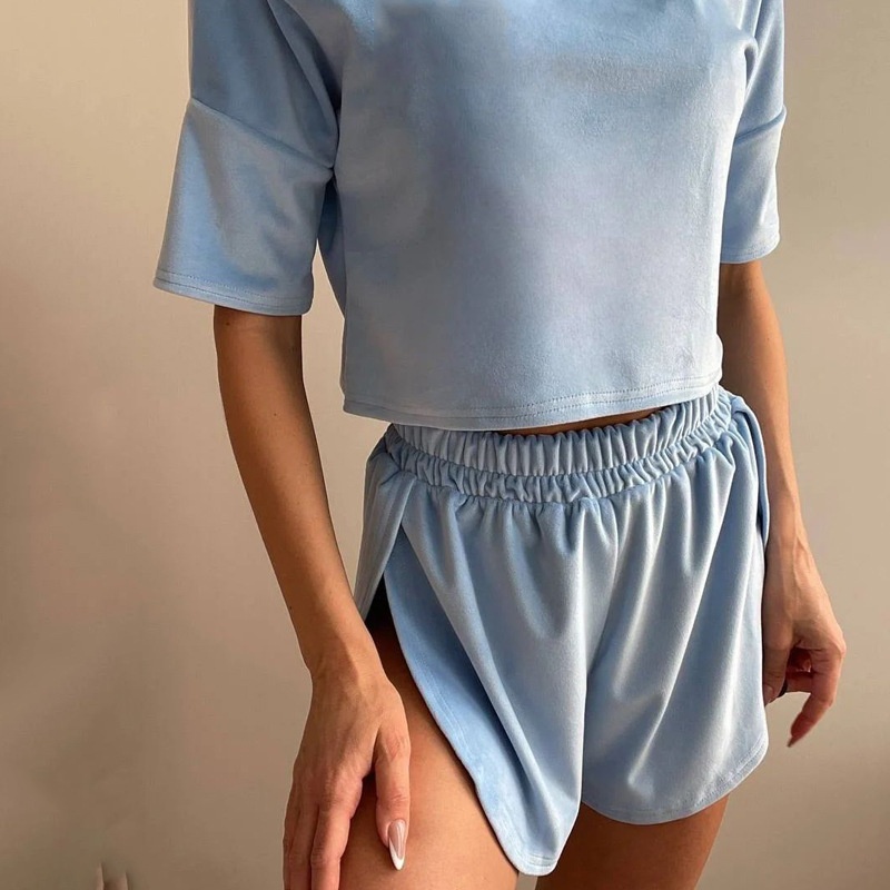 ChicShe In Stock 2025 European And American Summer New Knitted Loose Short Sleeve Crop Top Shorts Pajama Set Wearable For Women_voghion.com