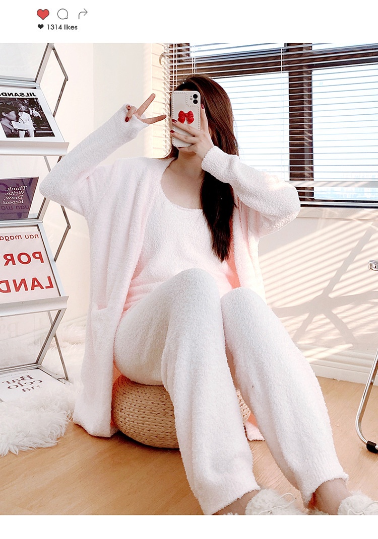 ChicShe Soft Fluffy Women's Pajamas Autumn Winter Three-Piece Set Thickened Cardigan Knitted Home Wear European And American_voghion.com