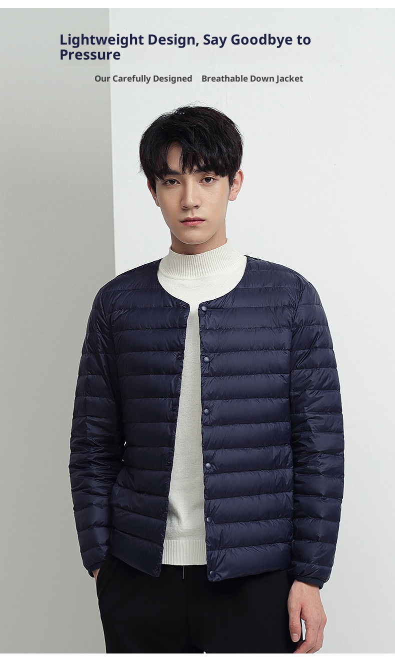 boy Lightweight Jacket Men's Short Style Autumn Winter New Collarless Liner Plus Size Inner Wear Base Layer Round Neck White_voghion.com