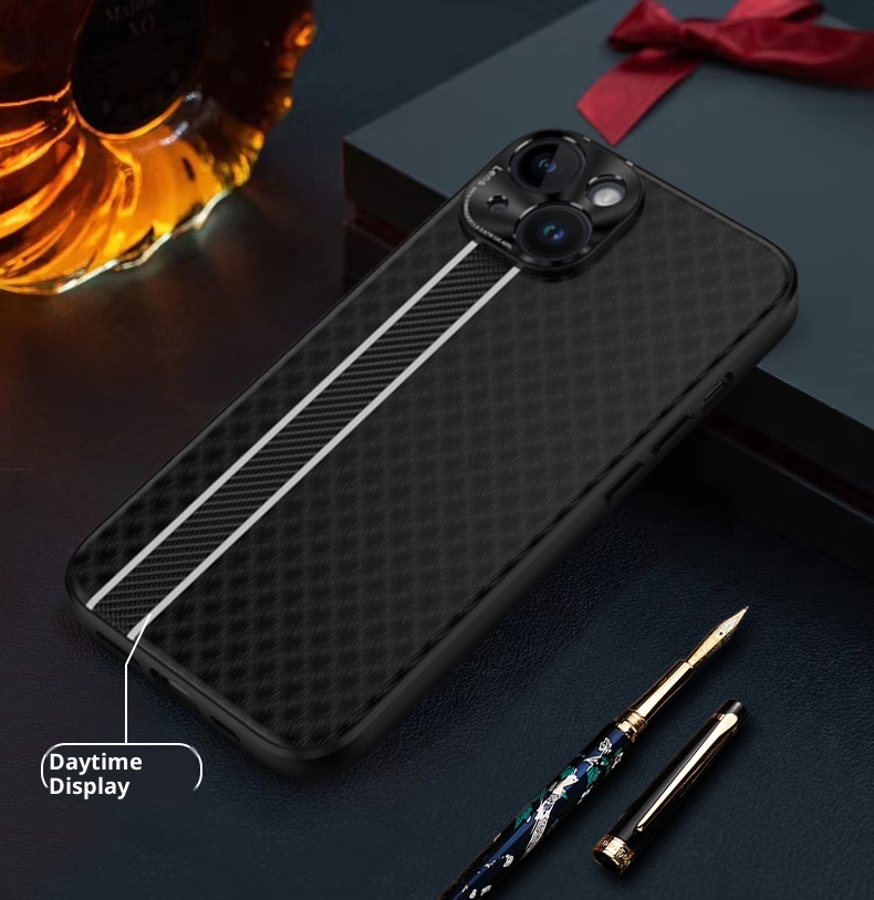 Custodia in fibra di carbonio TechGlobe Business per iPhone 15 Plus con strisce fluorescenti, custodia in pelle per iPhone 14 Pro Max, 13 XR_voghion.com
