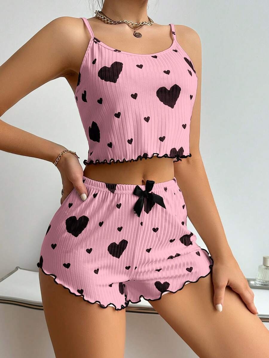ChicShe Cross-Border Hot-Selling Women's Homewear Heart Print Camisole Shorts Casual Ribbed Wearable European And American Style_voghion.com