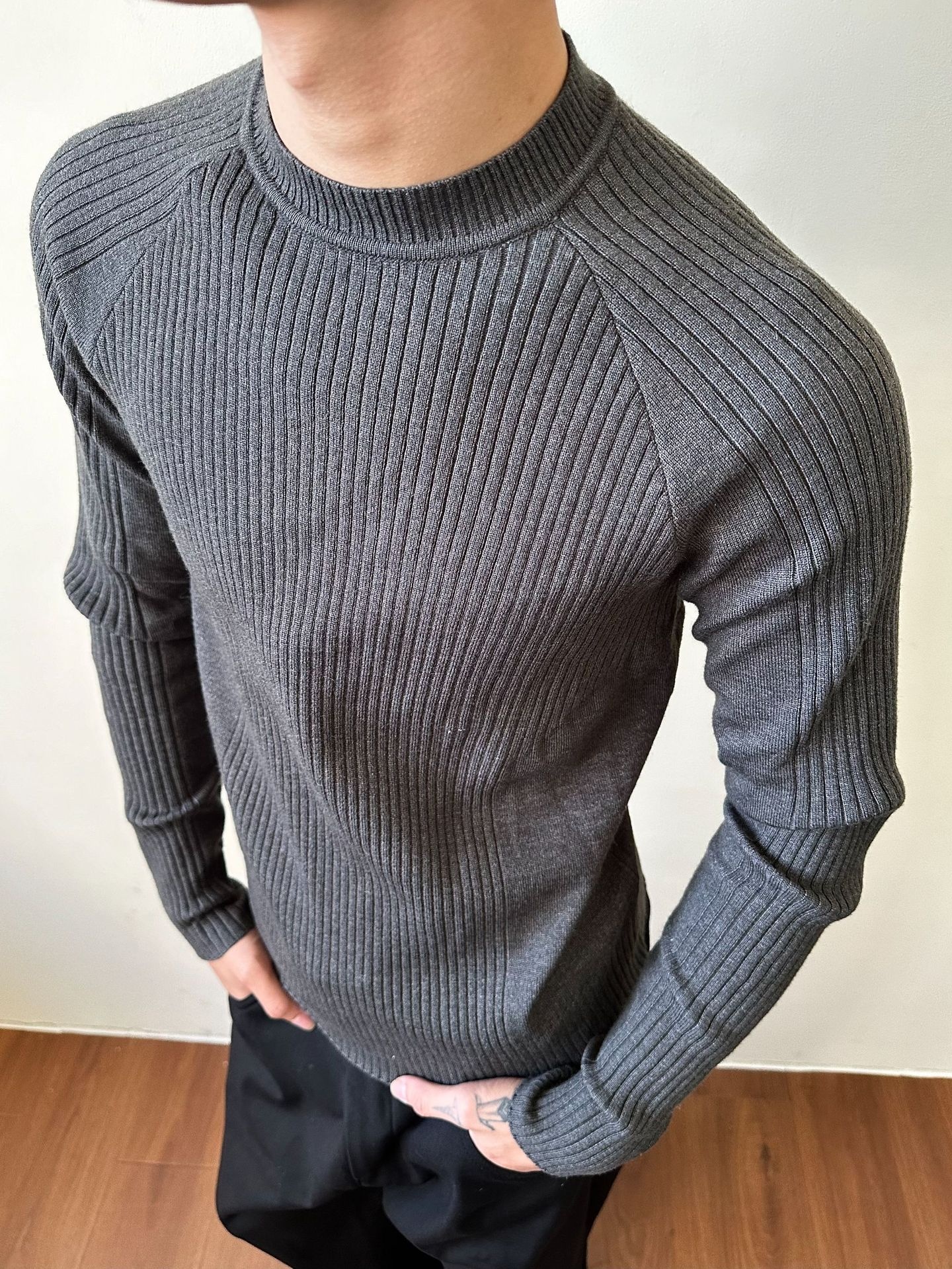 ragazzo MADEEXTREME Maglione largo a coste Old Money Slim Fit Manica lunga Strato base Girocollo Unisex_voghion.com