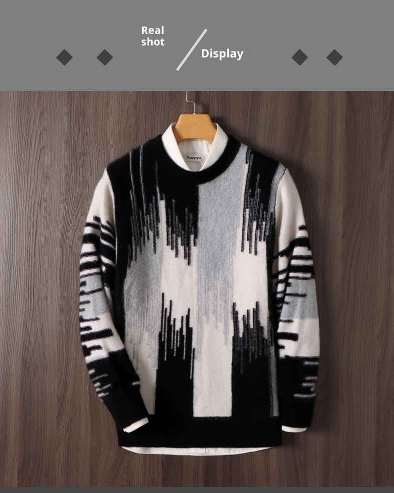 boy Boy Boy 100% Pure Wool Sweater For Men, Round Neck, Color Block Gradient, Thickened, Loose Fit, Business Casual Cashmere Knitted_voghion.com