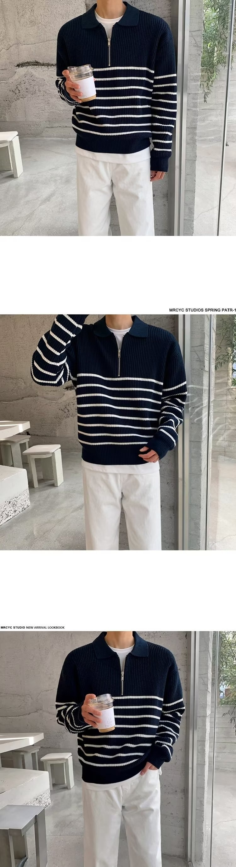 Schwarz-weiß gestreifter Strickpullover für Herren im koreanischen Stil mit Umlegekragen – ein exklusives und hochwertiges Partner-Sweatshirt für lässige Freizeitkleidung._voghion.com