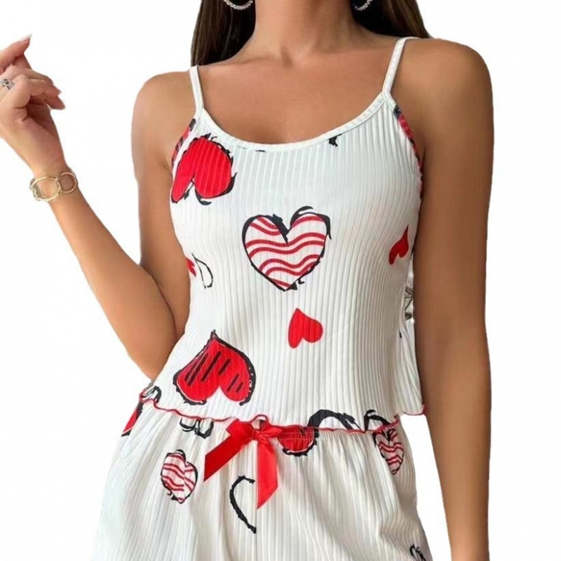 ChicShe European And American Style Women's Pajamas Ribbed Heart Print Sexy Camisole Shorts Homewear Two-Piece Set Cross-Border_voghion.com