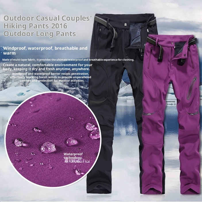 001 New Couple Soft Shell Men And Women Fleece Lined Thickened Plus Size Windproof Waterproof Outdoor Hiking Cycling Pants_voghion.com