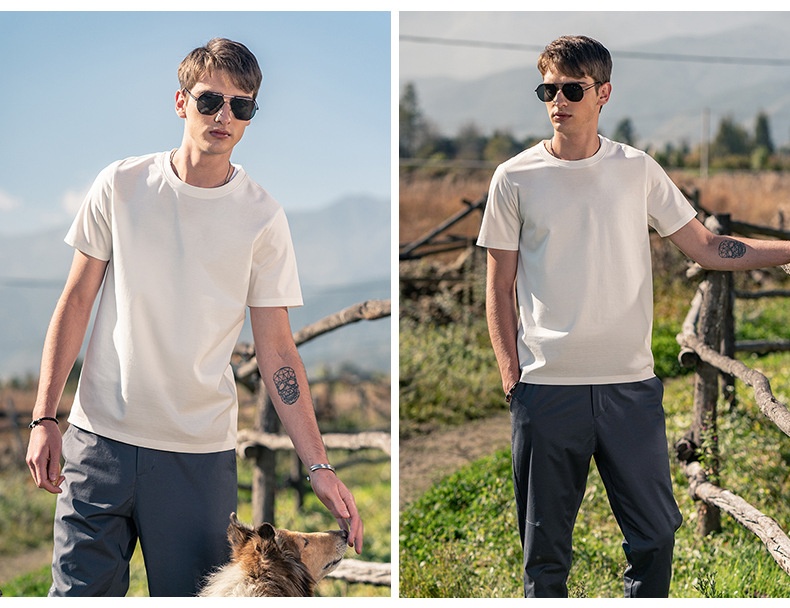 Maglietta base da uomo in cotone di seta ghiaccio fresco, manica corta, estiva, bianca, tinta unita, mercerizzata_voghion.com