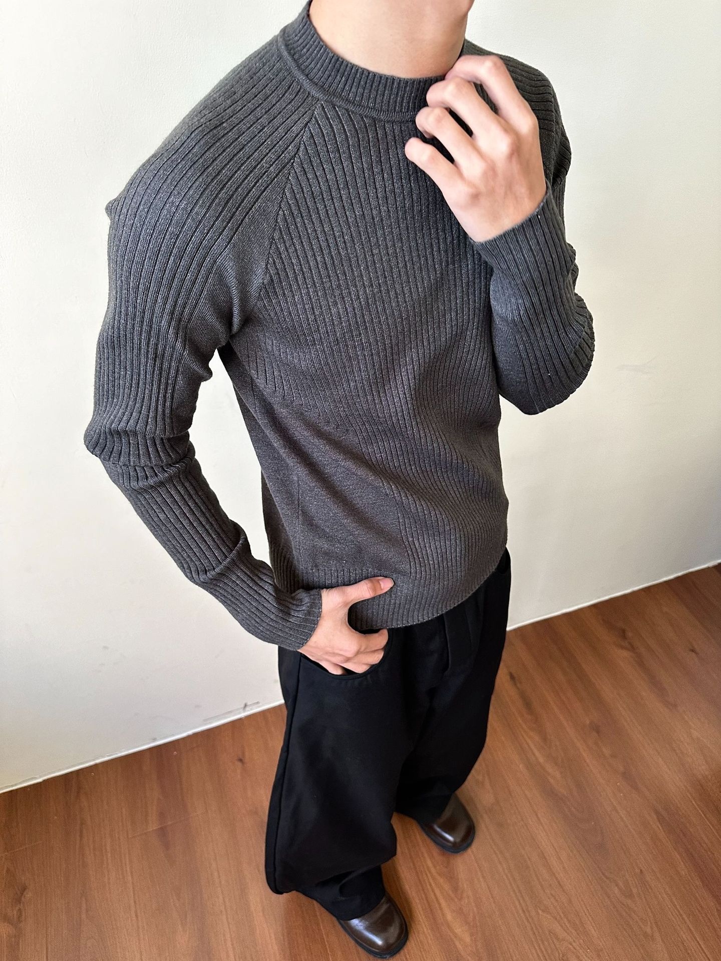 ragazzo MADEEXTREME Maglione largo a coste Old Money Slim Fit Manica lunga Strato base Girocollo Unisex_voghion.com