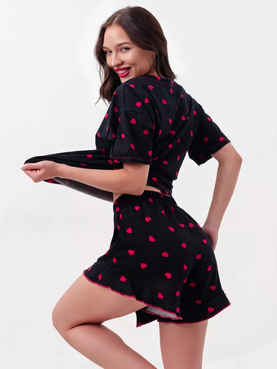 ChicShe European And American Spring New Cross-Border Heart Print Round Neck Short Sleeve Shorts Women's Homewear Pajamas_voghion.com