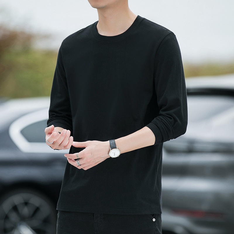 Maglietta a maniche lunghe primaverile e in puro cotone per uomo, scollo tondo, maglietta di base sottile, strato interno, felpa di alta qualità,_voghion.com