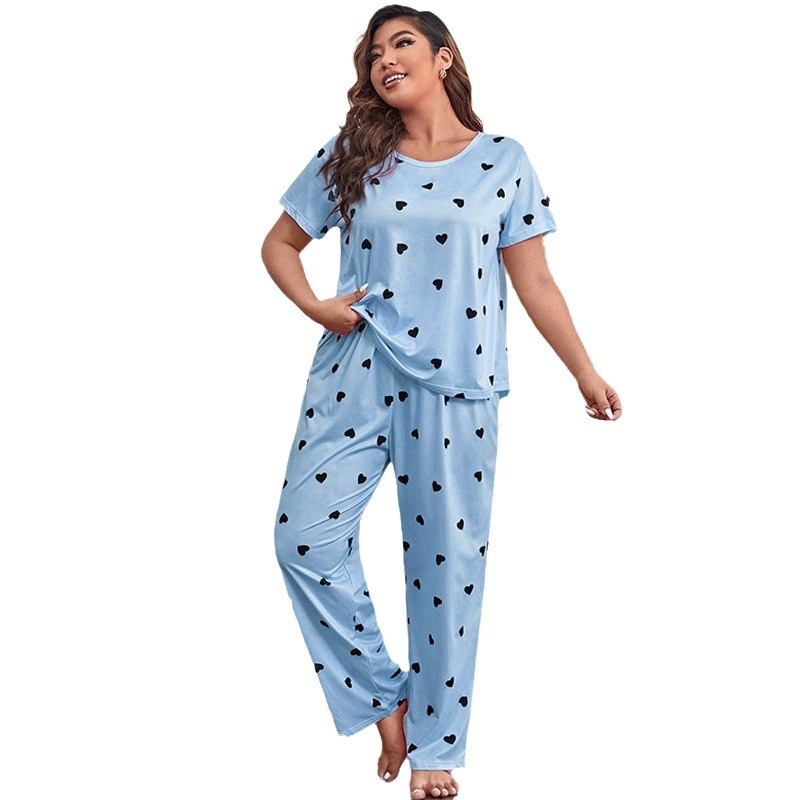 ChicShe European And American Style Cro-Border Plu Size Women' Looe Short Sleeve Heart Print Long Pant Set Homewear_voghion.com