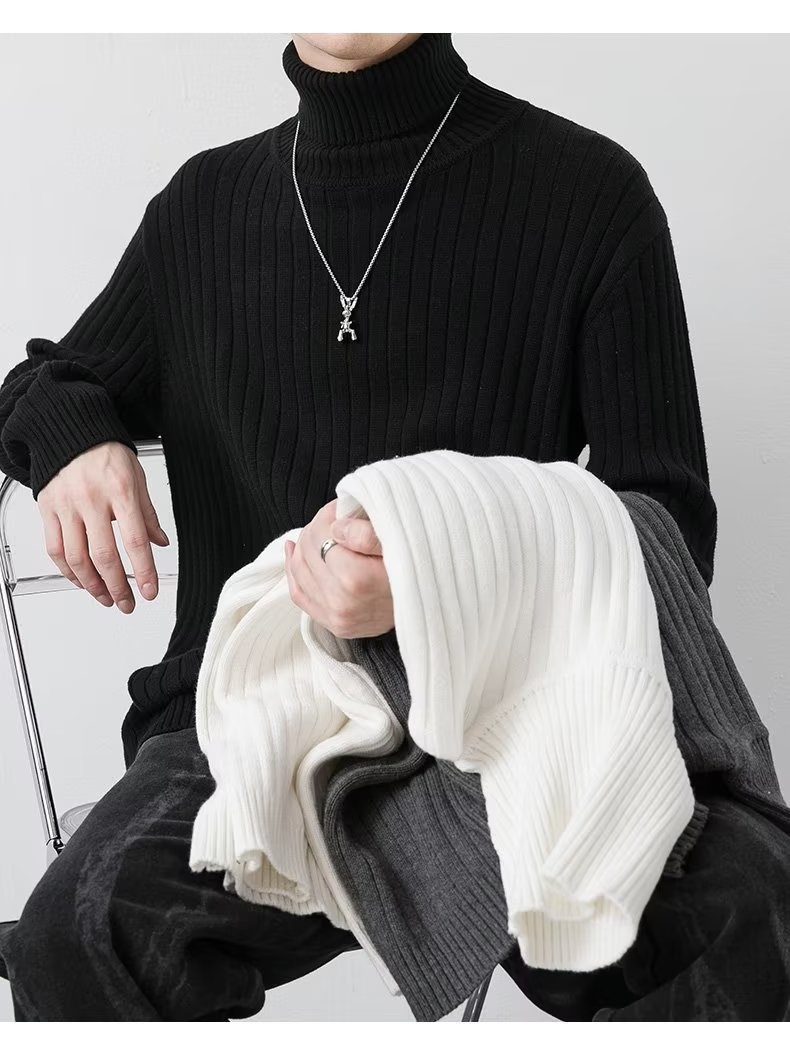 boy Tuleneck For Men Autumn Winter Simple Solid Color Trendy Brand Knitted Slim Fit Warm Turn-down Collar Sweater Base_voghion.com