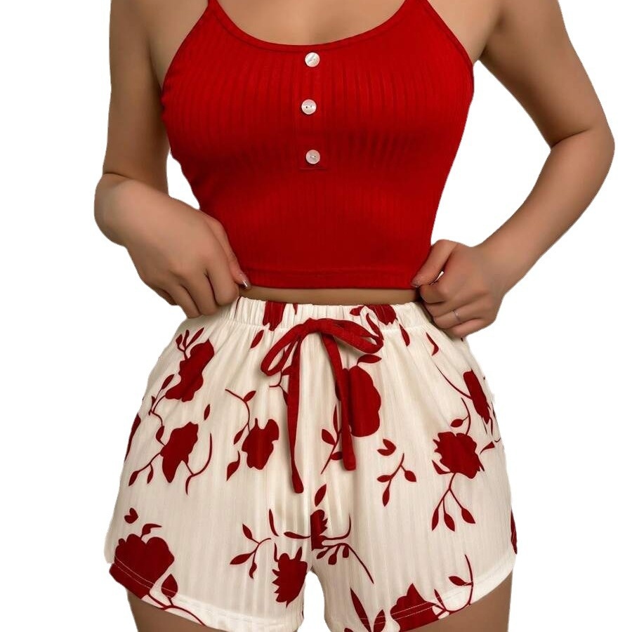 ChicShe Women's Homewear Printed Camisole Shorts Casual Sexy Ribbed Wearable European And American Style Pajamas Comfortable_voghion.com
