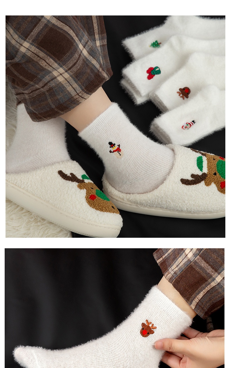 Lillian Lillian Autumn Winter Women White Mink Velvet Snowman Santa Claus Christmas Tree Elements Thickened Warm Socks_voghion.com