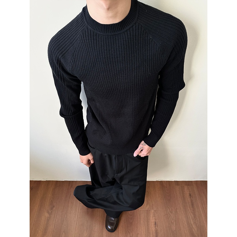 ragazzo MADEEXTREME Maglione largo a coste Old Money Slim Fit Manica lunga Strato base Girocollo Unisex_voghion.com