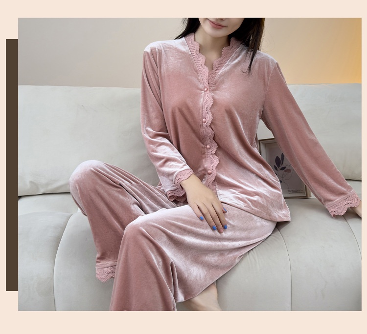 ChicShe Beautiful Velvet Pajamas Autumn Winter Women Lace Cardigan Long Sleeve Set Sexy Elegant Wearable Homewear_voghion.com