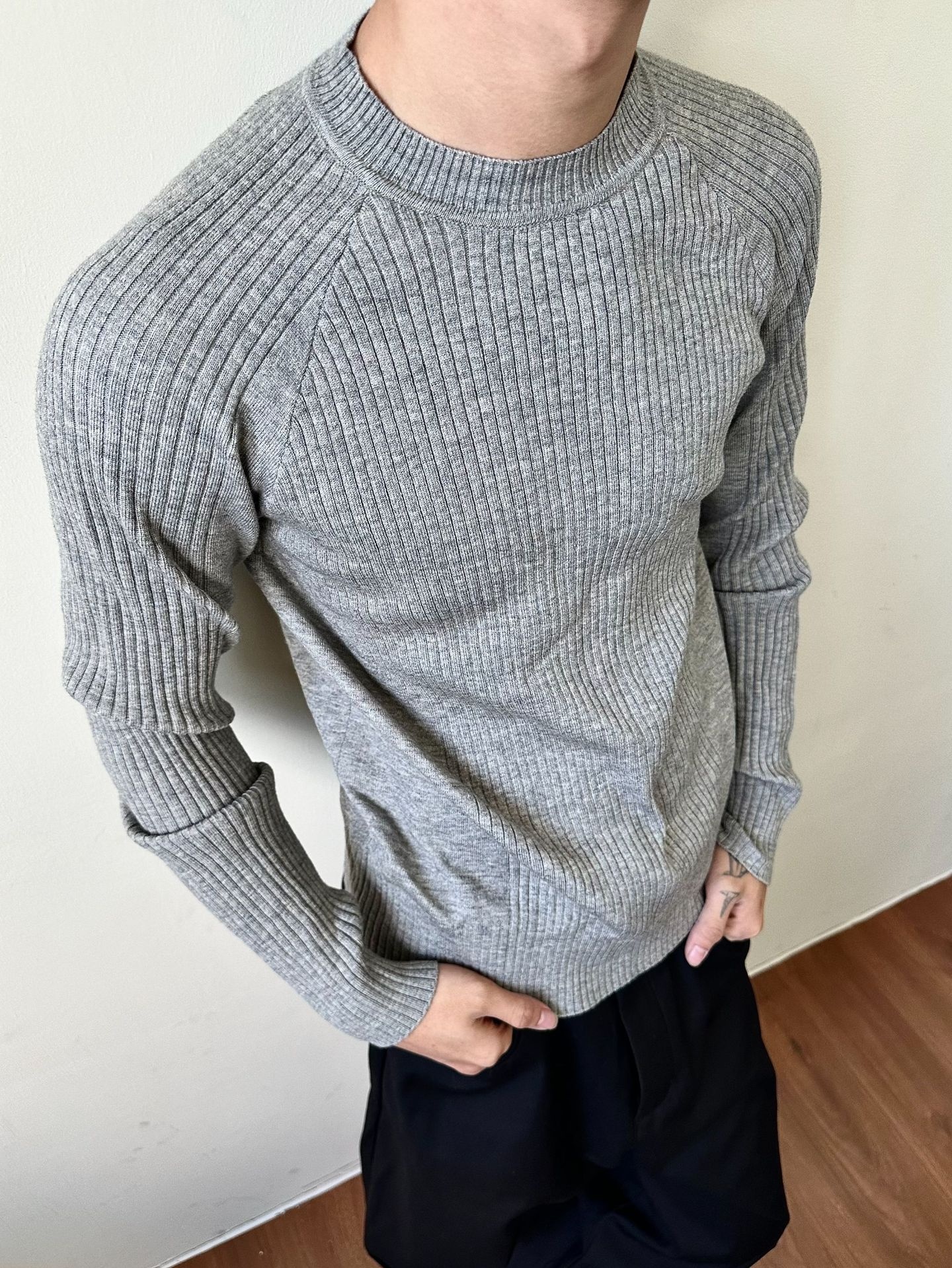 ragazzo MADEEXTREME Maglione largo a coste Old Money Slim Fit Manica lunga Strato base Girocollo Unisex_voghion.com