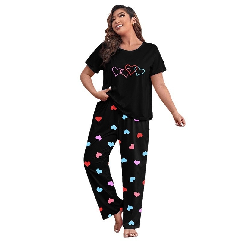 ChicShe Cross-border Exclusive European And American Style Homewear Colorful Heart Print Short Sleeve Long Pants Women's Pajama_voghion.com