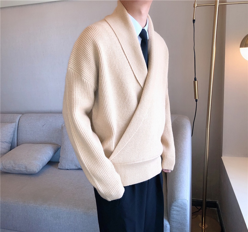 Südkorea, Herbst und Winter, einfarbig, großer V-Ausschnitt, drapierter Schnitt, lässiger Strickpullover für Herren, locker und bequem_voghion.com