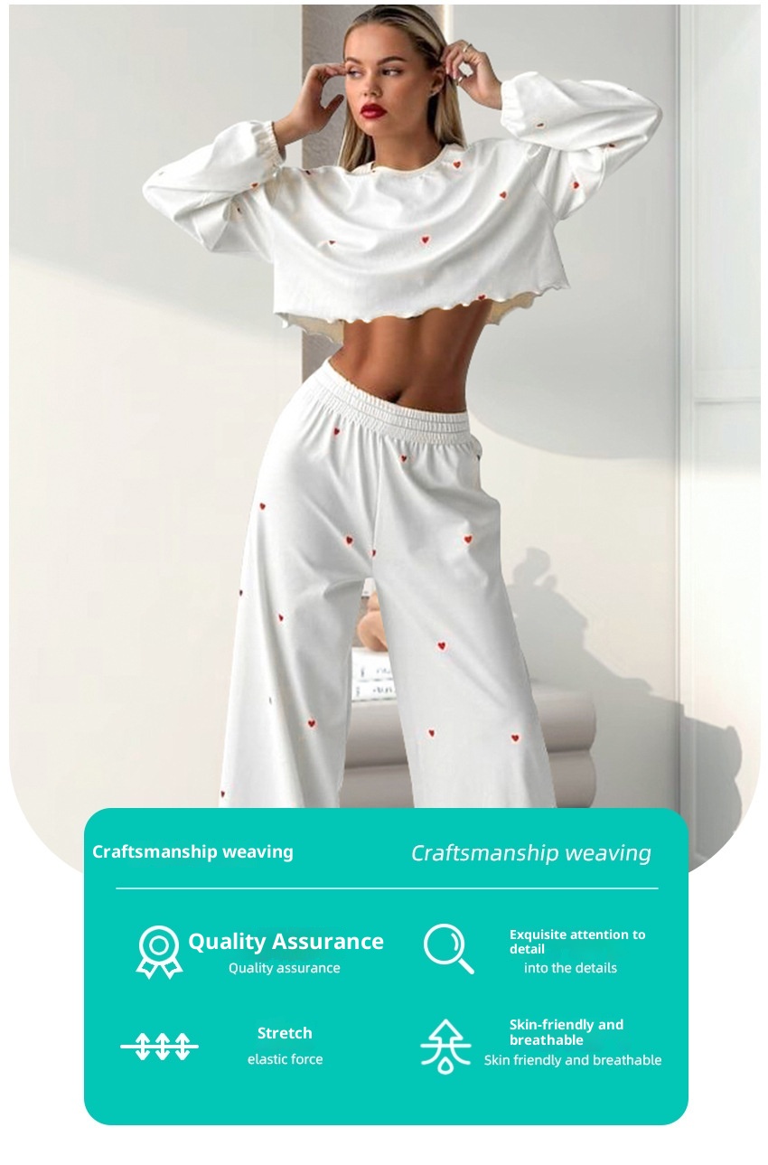 ChicShe 2025 Europäische und amerikanische Frühlings-Strick-Hausmode für Damen, Herzmuster-Ärmel, lange Hose, lockerer zweiteiliger Pyjama_voghion.com