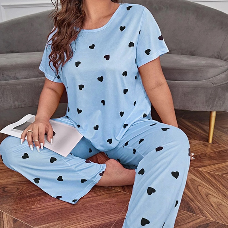 ChicShe European And American Style Cro-Border Plu Size Women' Looe Short Sleeve Heart Print Long Pant Set Homewear_voghion.com