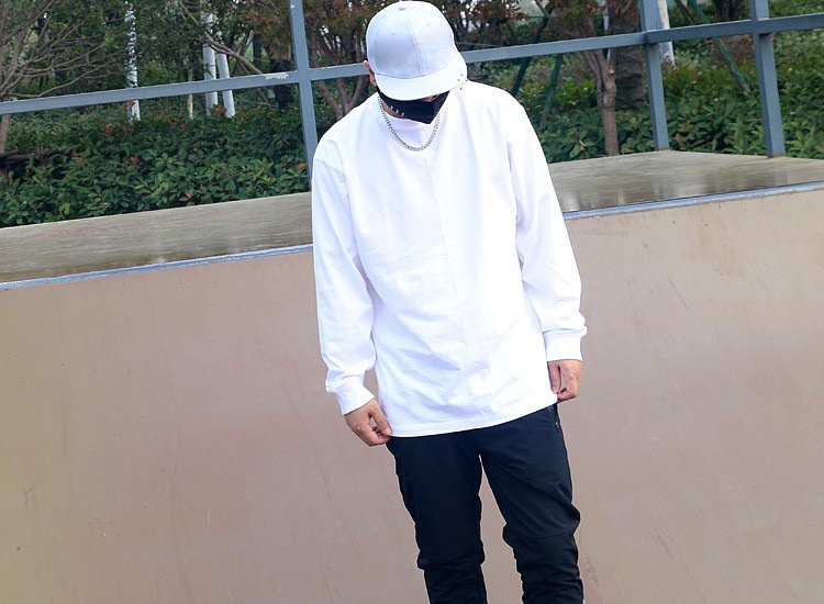 T-shirt unisexe à manches longues, col rond, 250 g, en pur coton japonais épais, coupe ample, sans coutures, fond blanc._voghion.com