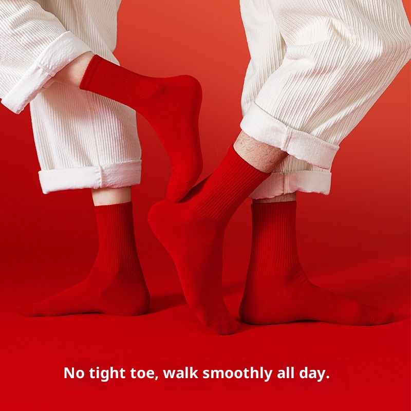 Lillian Zodiac Year Red Men's Autumn And Winter Deodorant Sweat-Absorbing Cotton Women's Seamless Mid-Calf Couple's Christmas_voghion.com