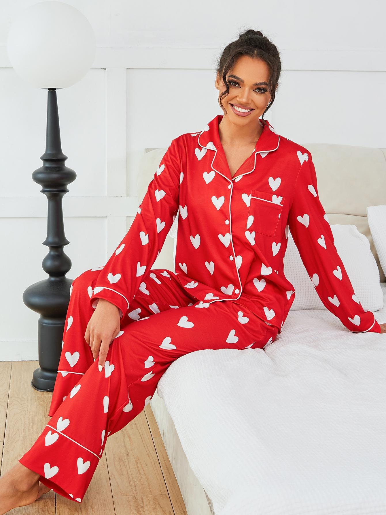 ChicShe European American Cross-Border Women's Pajamas Autumn Winter Heart Print Long Sleeve Shirt And Pants Two-Piece_voghion.com