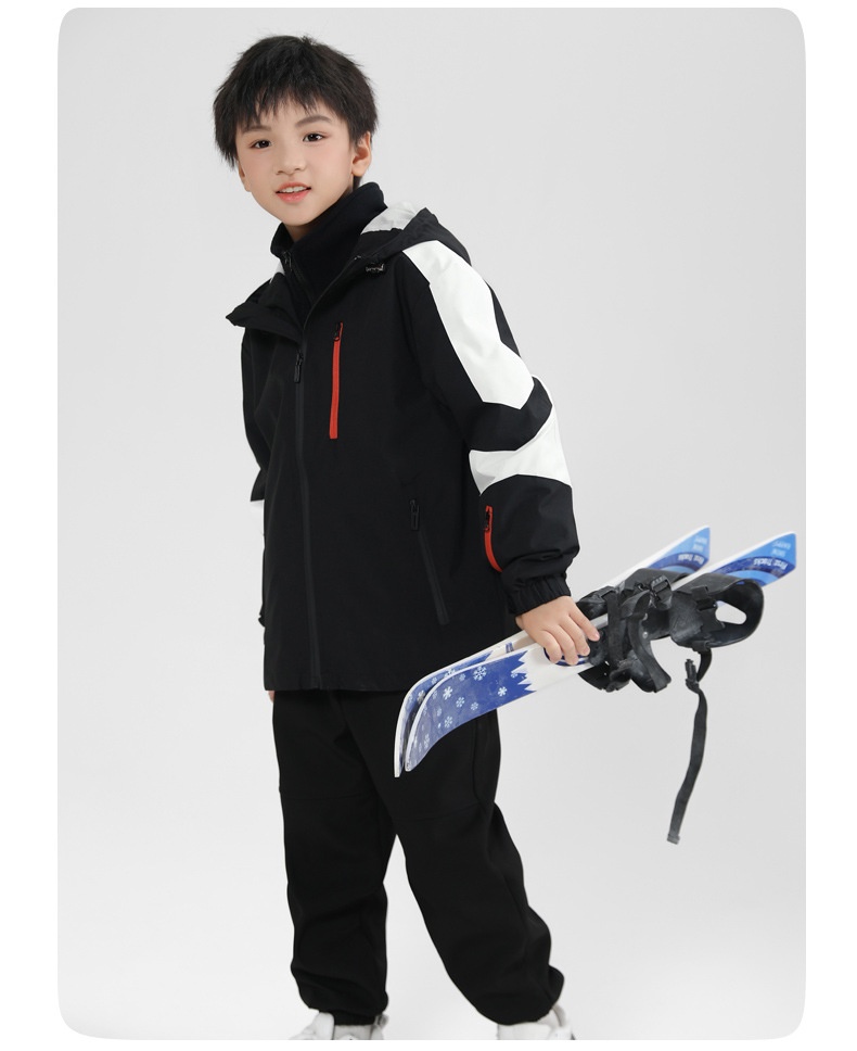 001 Children's Softshell Jacket Pants Set For Boys And Girls, Fleece-Lined, Waterproof, Windproof, Warm Three-Piece Outfit_voghion.com