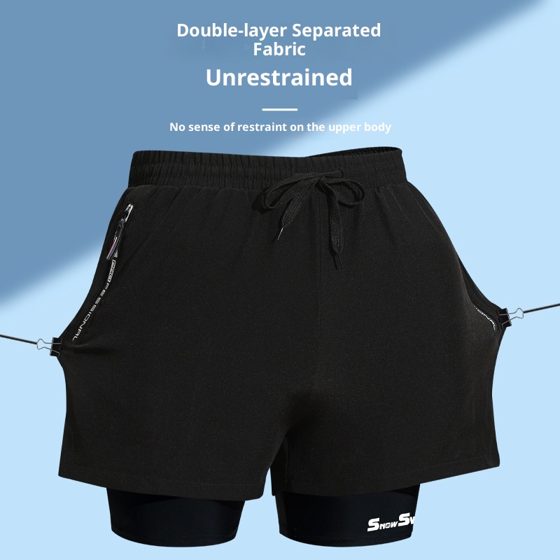 001 001 Herren Doppellagige Badehose, schnelltrocknend, Anti-Peinlichkeits-Badehose, Strandshorts, Badebekleidung für heiße Quellen, Set_voghion.com