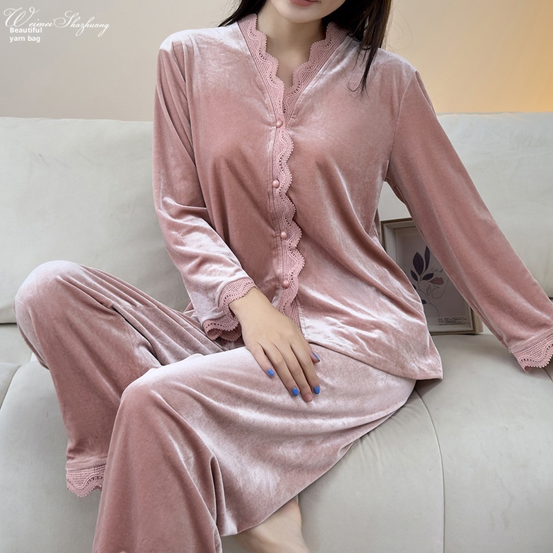 ChicShe Beautiful Velvet Pajamas Autumn Winter Women Lace Cardigan Long Sleeve Set Sexy Elegant Wearable Homewear_voghion.com