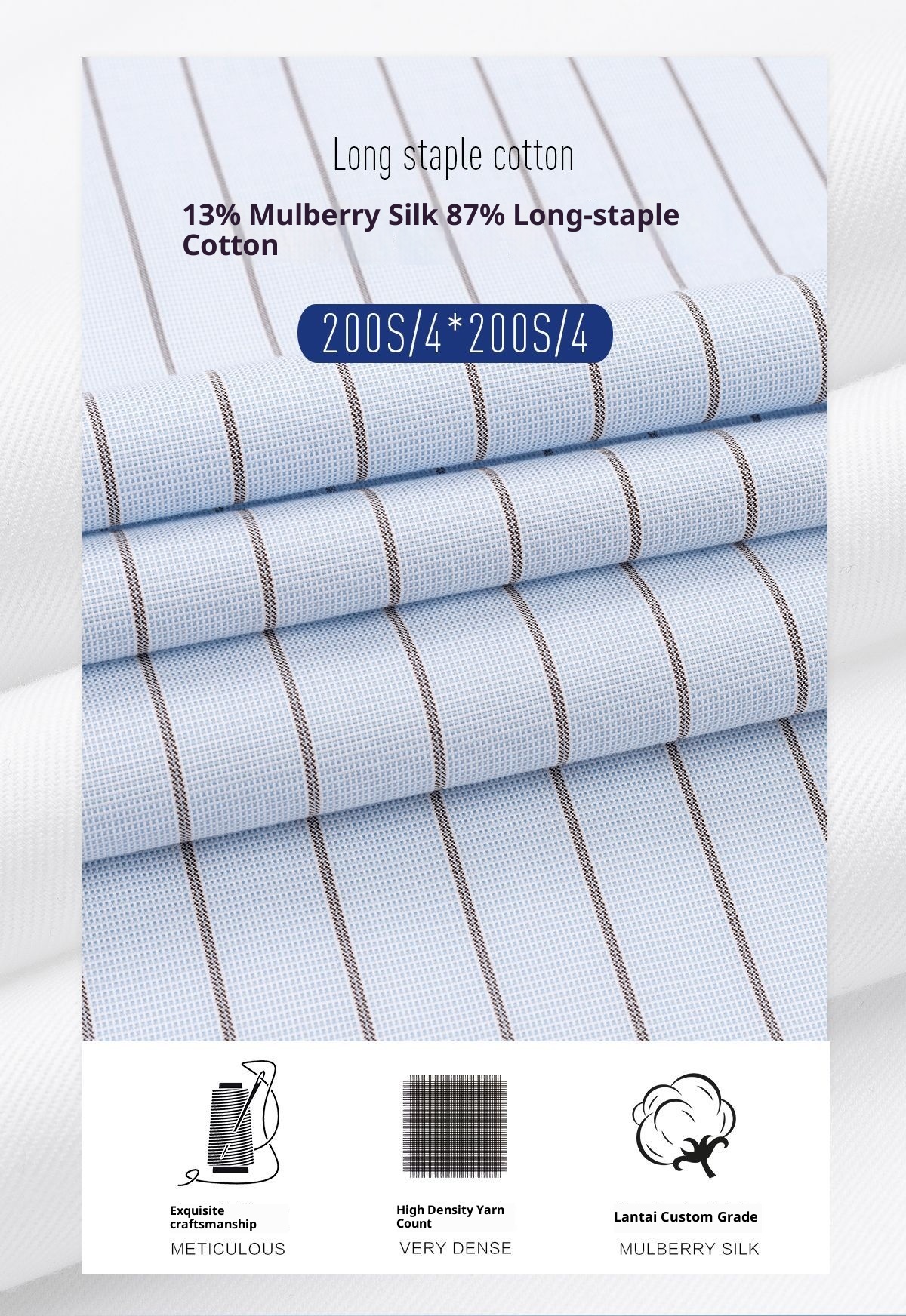 ForMen DP Bügelfreies, leichtes und hochwertiges Business-Casual-Hemd aus Maulbeerseide mit blauen Streifen, 200 Fäden pro Zoll._voghion.com