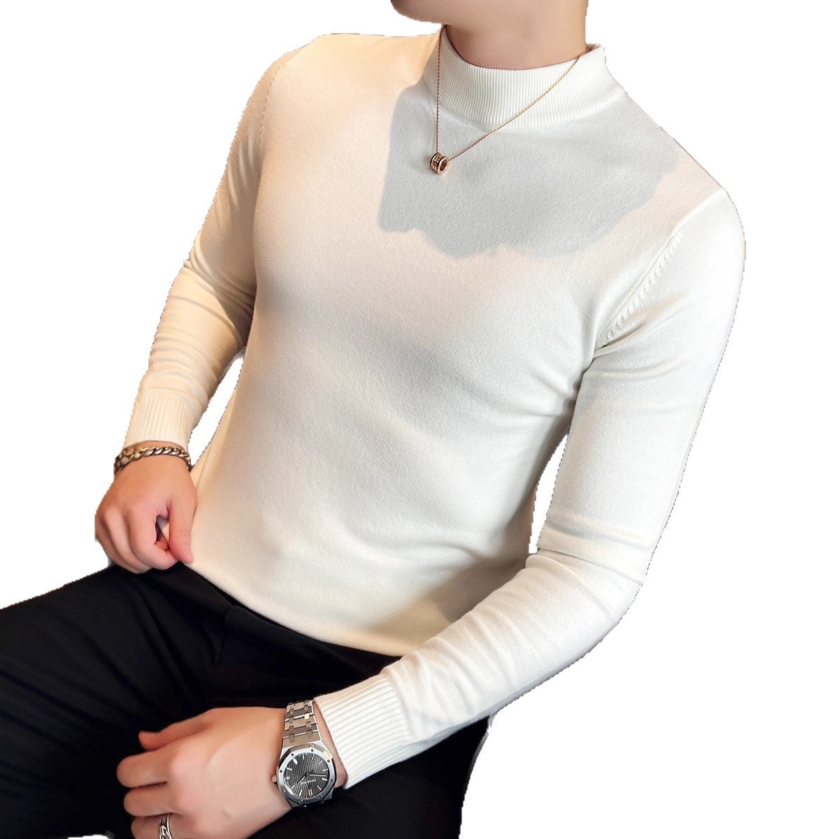 Herrenpullover, dick gefüttert, warm, für Herbst und Winter, halber Rollkragen, Strick, schmale Passform, Business-Hemd, Unterhemd_voghion.com