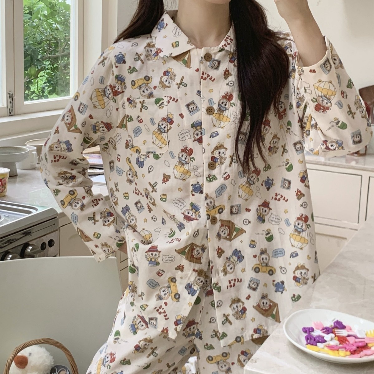 ChicShe CCTV Broadcast Classe A Pigiama a doppio strato Abbigliamento da casa in garza di puro cotone Pantaloni lunghi a maniche lunghe Ragazza carina_voghion.com