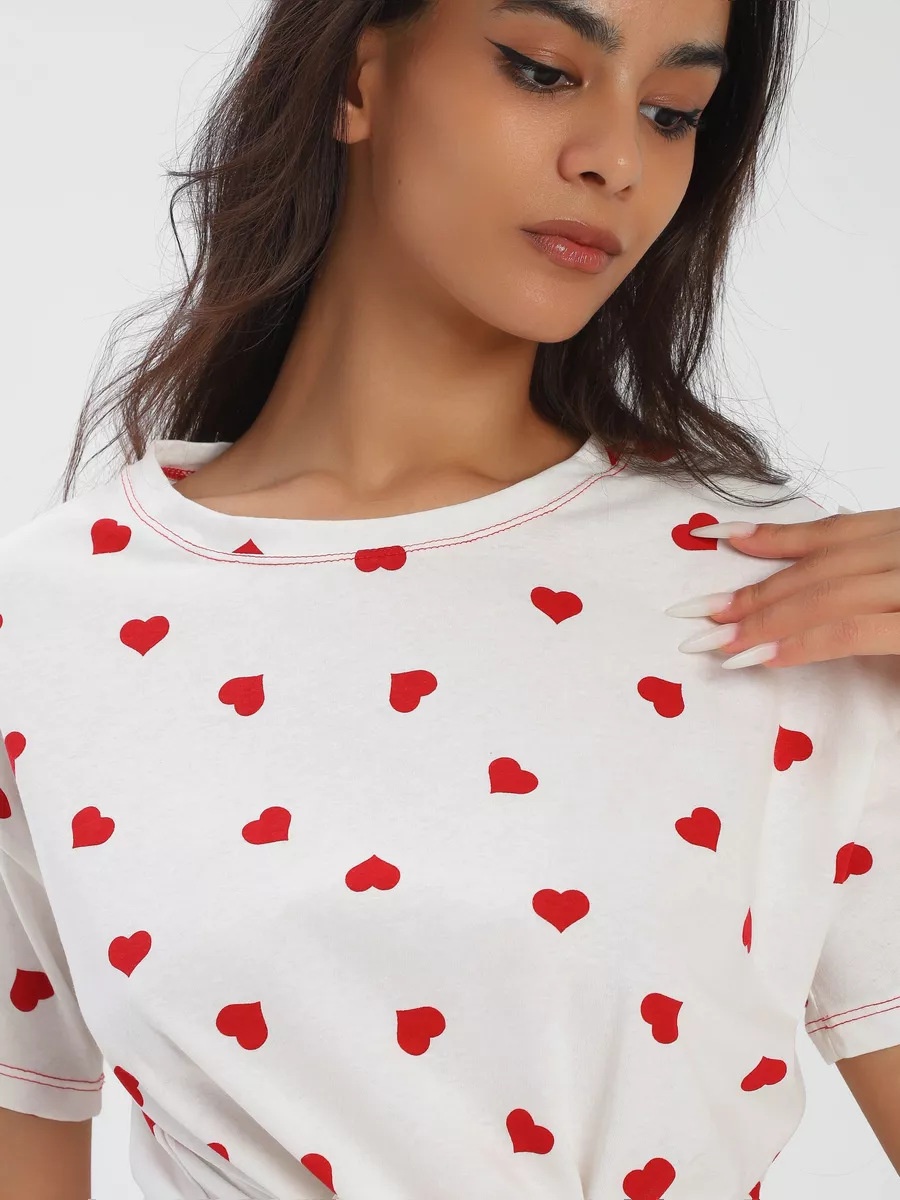 ChicShe European And American Spring New Cross-Border Heart Print Round Neck Short Sleeve Shorts Women's Homewear Pajamas_voghion.com