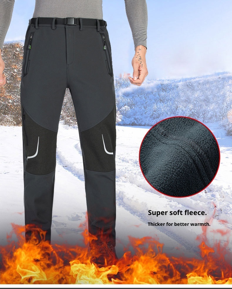 001 Plus Size Men's Outdoor Fleece Skiing Hiking Autumn Winter Thickened Warm Waterproof Wear-resistant Soft Shell Pants_voghion.com