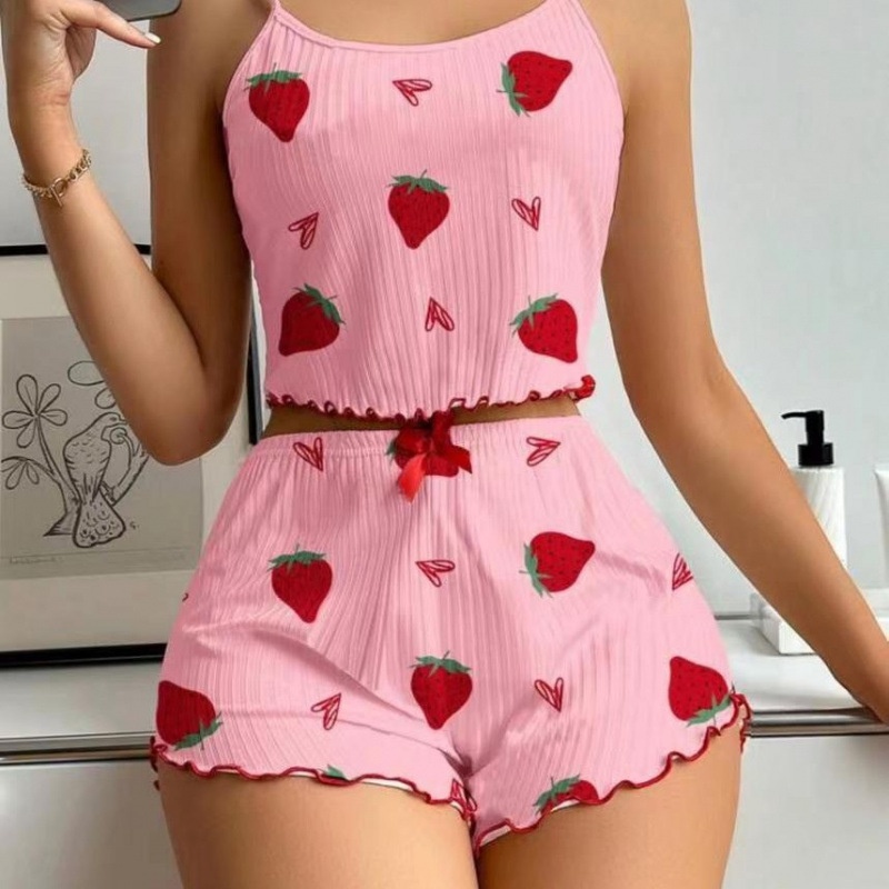 ChicShe European And American Style Women's Pajamas Ribbed Heart Print Sexy Camisole Shorts Homewear Two-Piece Set Cross-Border_voghion.com