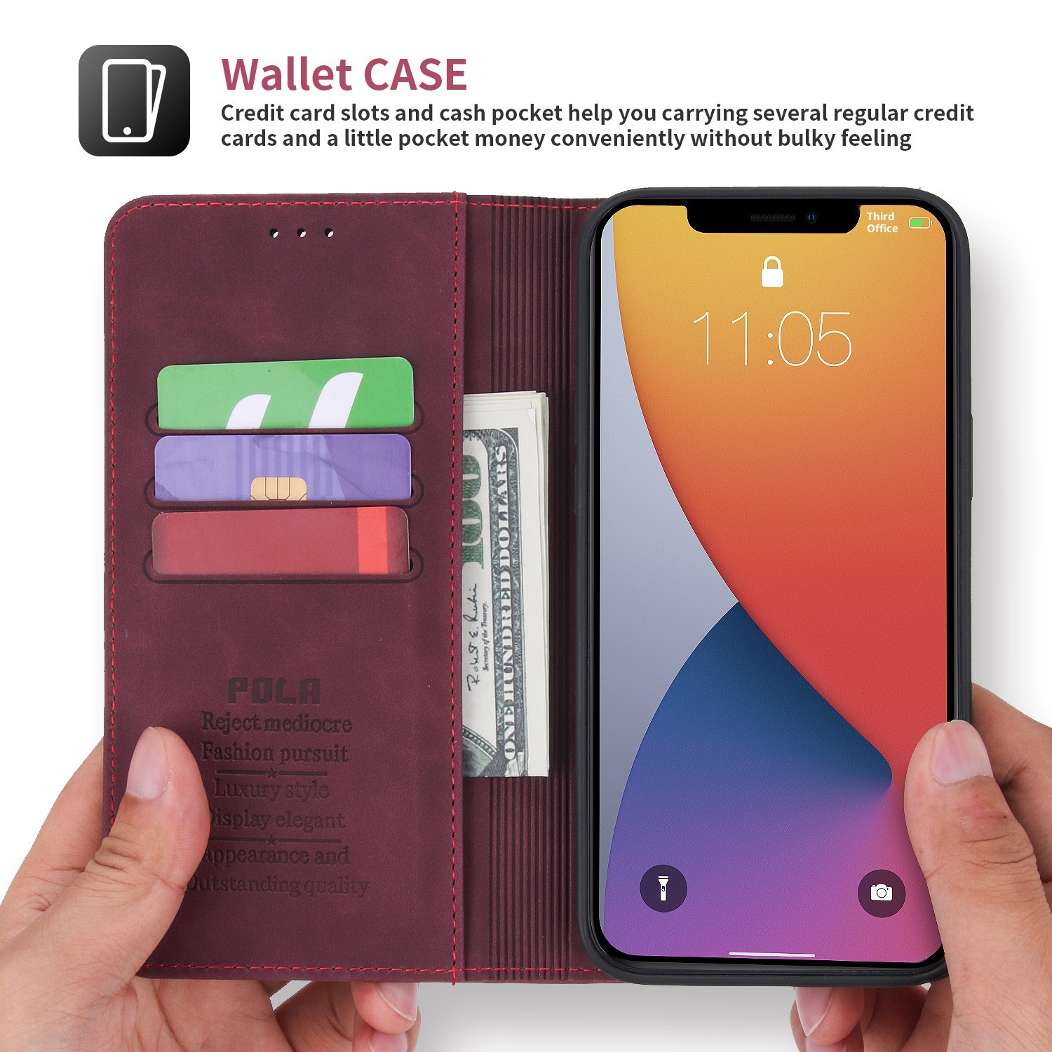 Custodia a portafoglio in pelle con slot per schede NFC e flip cover in PU con effetto pelle al tatto, adatta per iPhone 12 P40_voghion.com