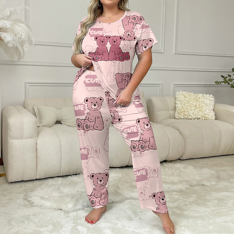 ChicShe European And American Cross-Border Plus Size Women's Pajamas Summer Loose T-Shirt Short Sleeve Heart Print Long Pants_voghion.com