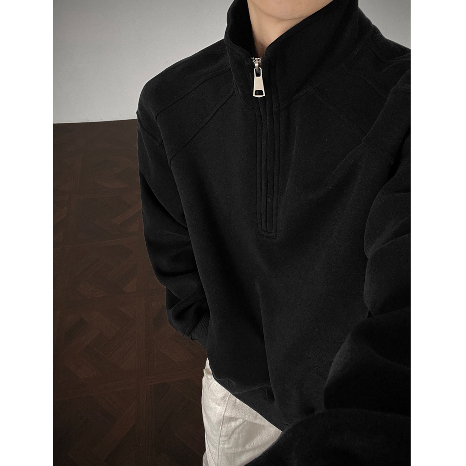 Herren-Sweatshirt im amerikanischen Retro-Stil mit halbem Reißverschluss und Stehkragen, locker geschnitten, Herbst 2025, Modell Heavy Loose Couple Jacket_voghion.com