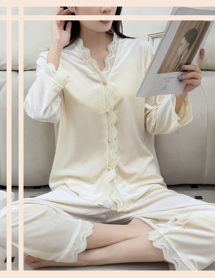 ChicShe Beautiful Velvet Pajamas Autumn Winter Women Lace Cardigan Long Sleeve Set Sexy Elegant Wearable Homewear_voghion.com
