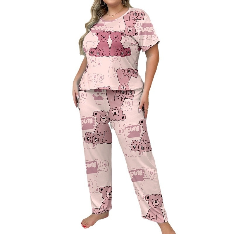 ChicShe European And American Cross-Border Plus Size Women's Pajamas Summer Loose T-Shirt Short Sleeve Heart Print Long Pants_voghion.com
