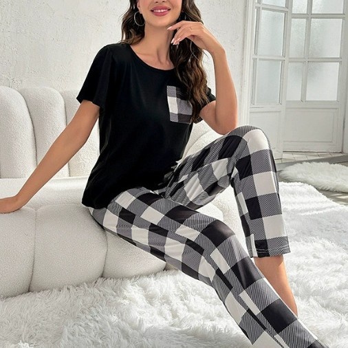 ChicShe European And American Cross-Border Women's Plaid Homewear Pajamas Two-Piece Set With Pockets Casual Comfortable Wearable_ecoleips.com