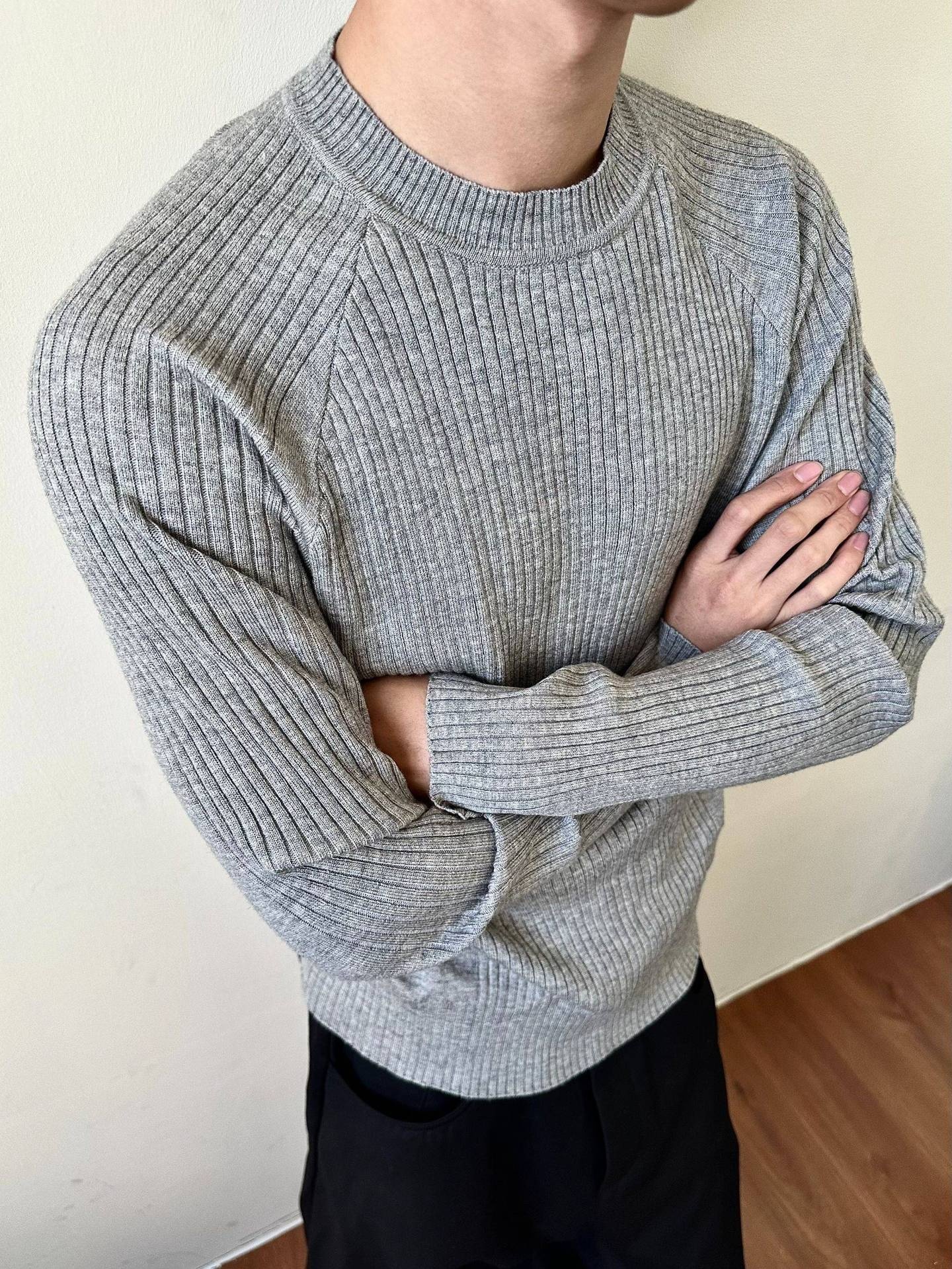 ragazzo MADEEXTREME Maglione largo a coste Old Money Slim Fit Manica lunga Strato base Girocollo Unisex_voghion.com