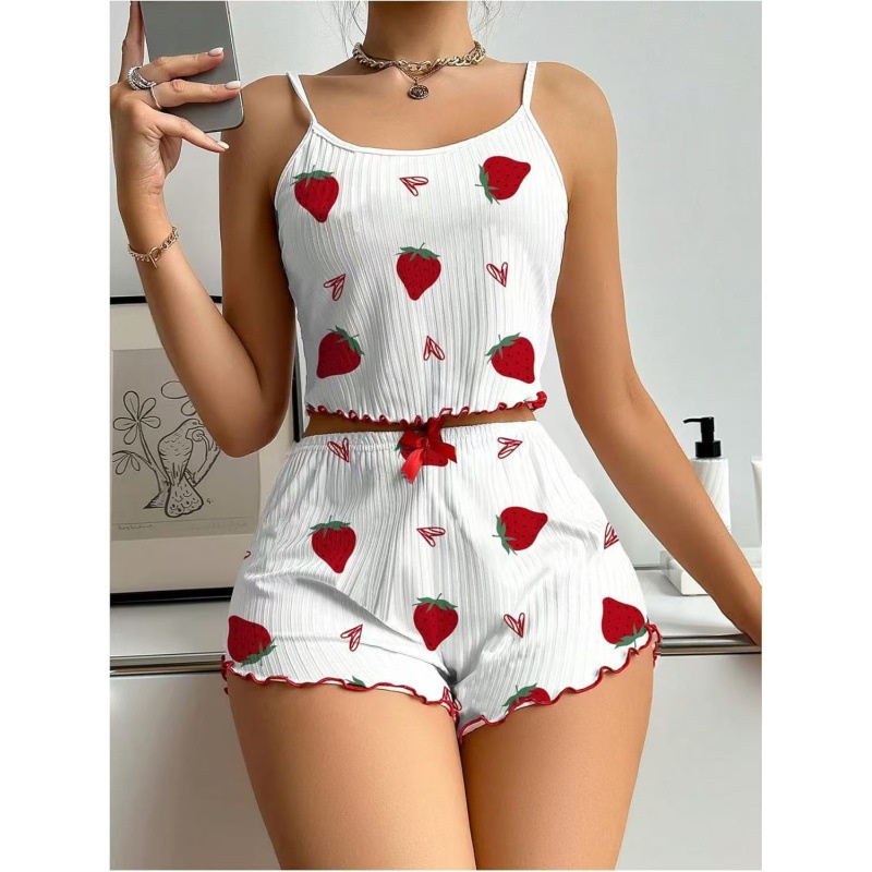 ChicShe European American Cross-Border Strawberry Heart Print Ribbed Pajama For Women With Camisole And Shorts Homewear_voghion.com