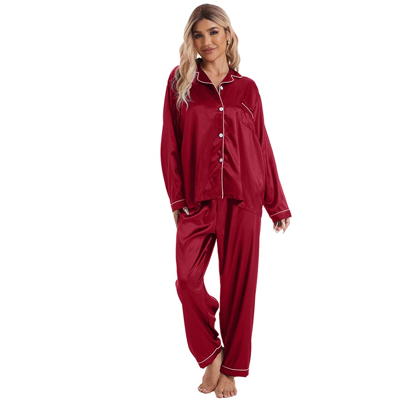 ChicShe European And American Foreign Trade Home Wear Lapel Ice Silk Pajamas Women's Sleeve Long Pants Two-Piece Set Plus Size_voghion.com