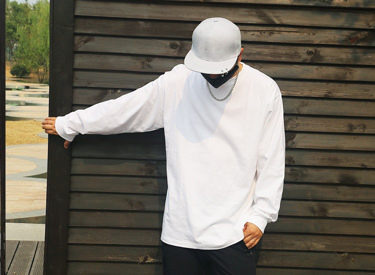 T-shirt unisexe à manches longues, col rond, 250 g, en pur coton japonais épais, coupe ample, sans coutures, fond blanc._voghion.com