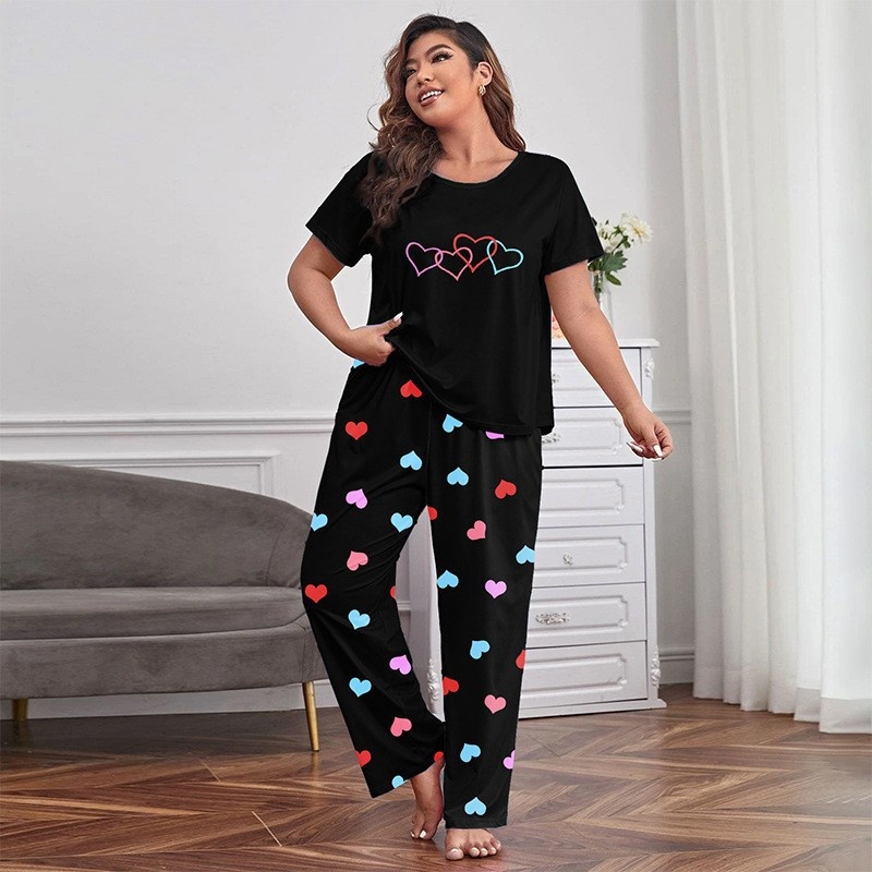 ChicShe Cross-border Exclusive European And American Style Homewear Colorful Heart Print Short Sleeve Long Pants Women's Pajama_voghion.com