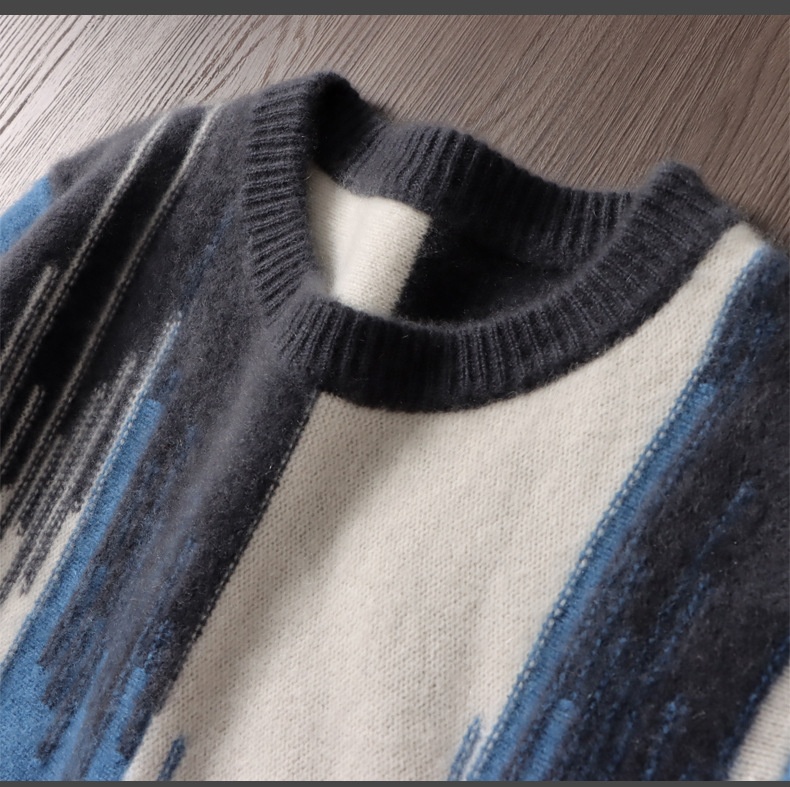 boy Boy Boy 100% Pure Wool Sweater For Men, Round Neck, Color Block Gradient, Thickened, Loose Fit, Business Casual Cashmere Knitted_voghion.com
